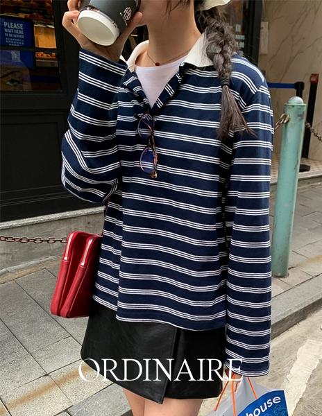 가내스라 [ordinaire] 스트라이프 카라 티셔츠 (네이비)