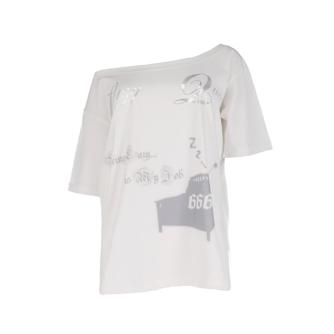 Lazy Queen Shiny Off-Shoulder Tee- White