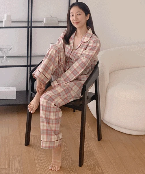 [여성] 어텀체크 긴팔 잠옷세트 (카라)