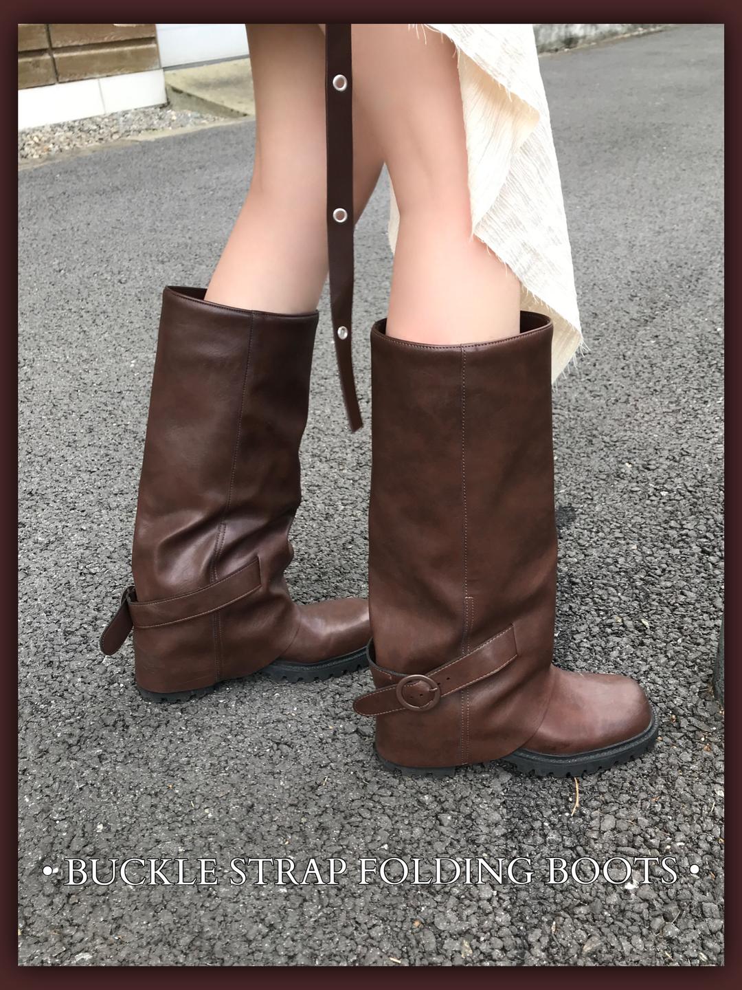 BUCKLE STRAP FOLDING BOOTS (BROWN)
