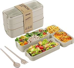 성인용 도시락 상자, 3-in-1 밀프렙 용기, 수납 공간이 있는 900ML 일본 도시락, 밀짚, 누출 방지, 스푼 및 포크, BPA 프리 (베이지)