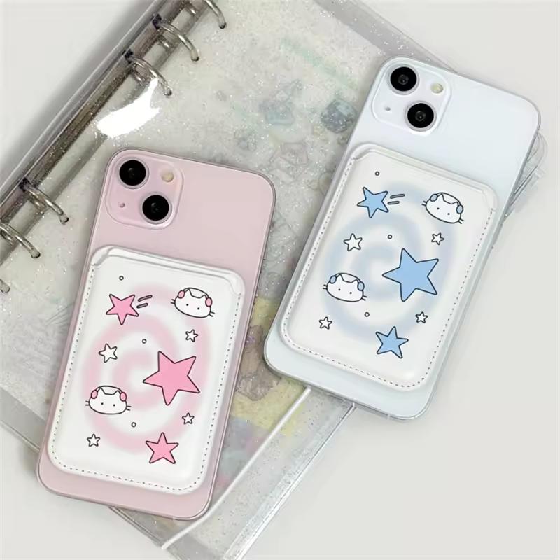 iPhone 16Pro Max Magsafe 지갑 용 귀여운 고양이 그라디언트 스타 가죽 지갑 케이스 MagSafe가 장착 된 iPhone 13 카드 홀더와 호환 가능