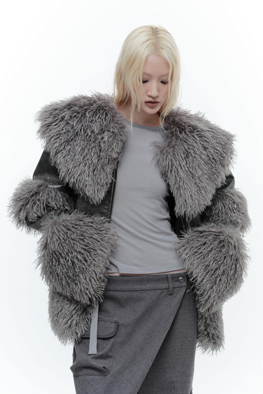 WIDE COLLAR LEATHER SHEARLING JACKET GRAY