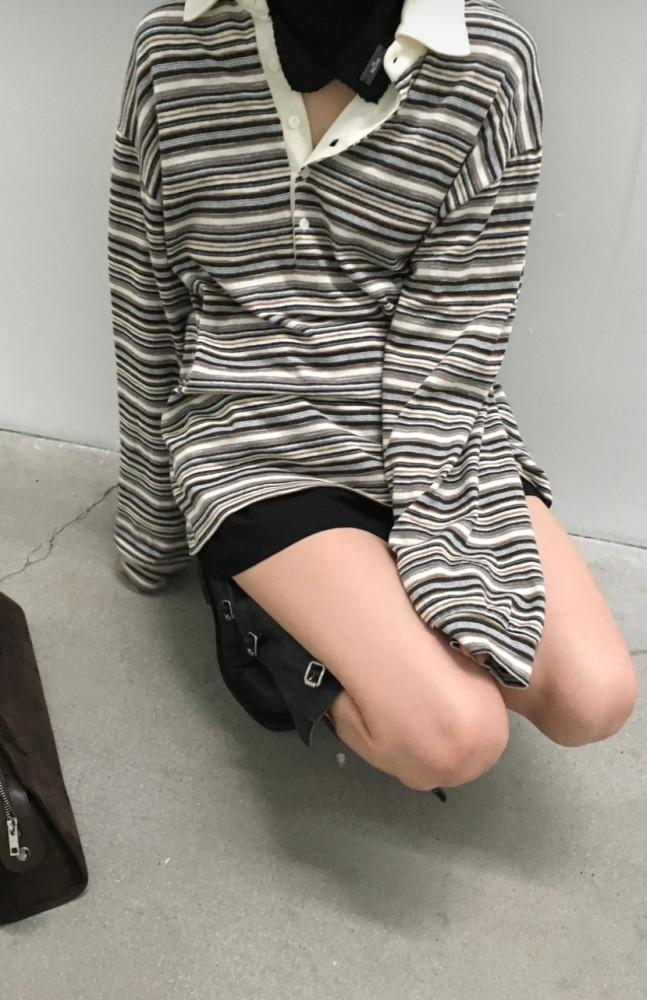 브리드 픽셀 카라 티셔츠 스트라이프 코튼 루즈핏 포인트룩 레이어드룩 디테일 포인트 카라 트렌디 여리여리핏 이너프