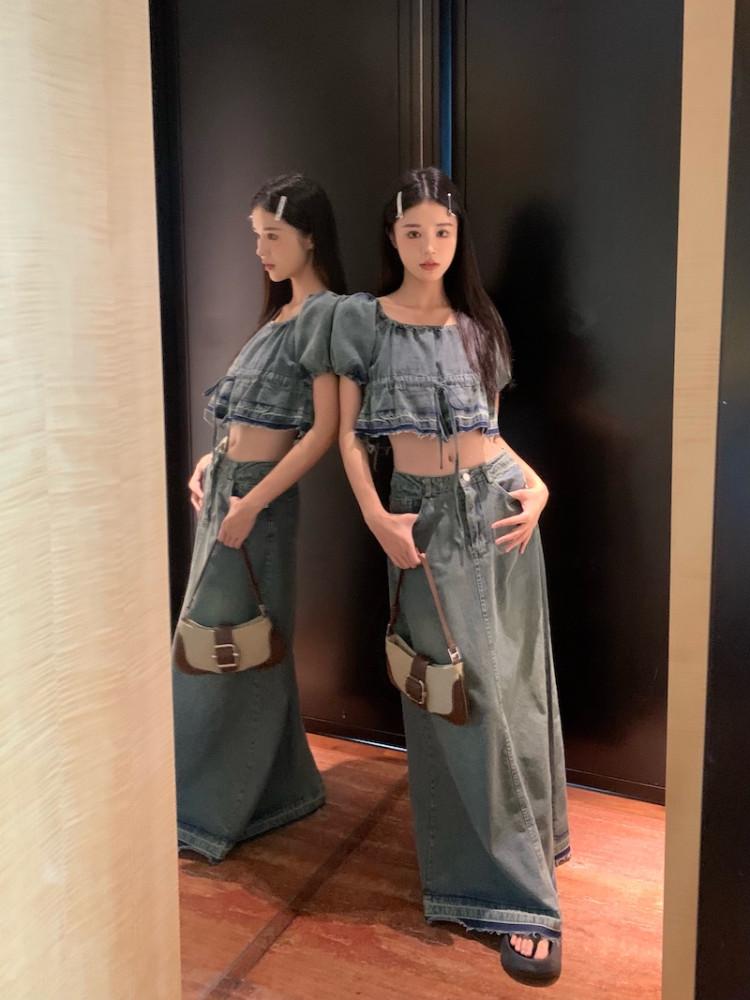 빈티지 퍼프 크롭 데님 셔츠 스커트 코디