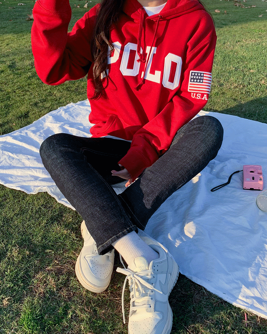 폴로 랄프로렌 남녀공용 레터링 성조기 패치 기모 후드 티셔츠 5컬러