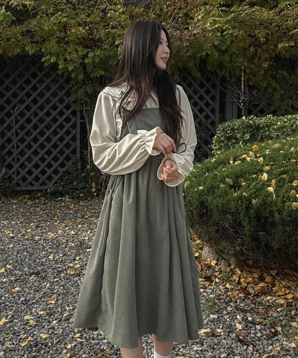 오디샵 [무료/당일출고] 셔츠 코듀로이 벨벳 플라워 잔꽃무늬 자수 블라우스 멜빵 뷔스티에 롱원피스 투피스