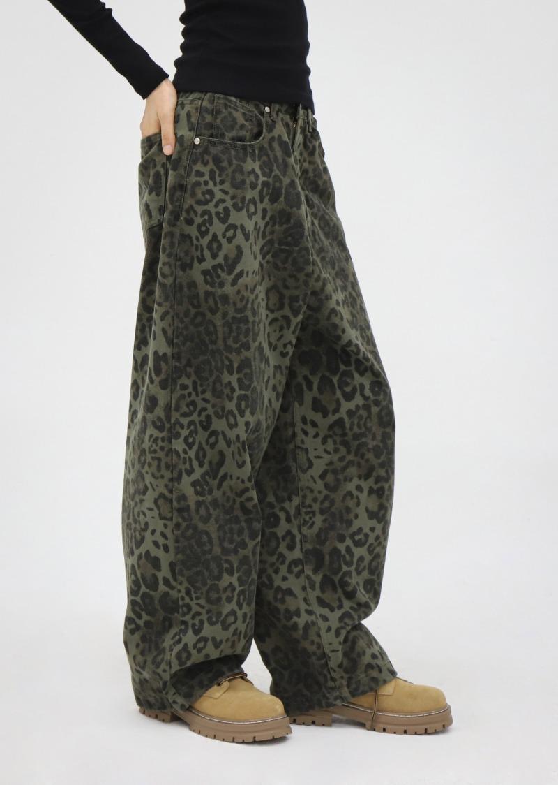 포일 레오파드 와이드 팬츠_카키