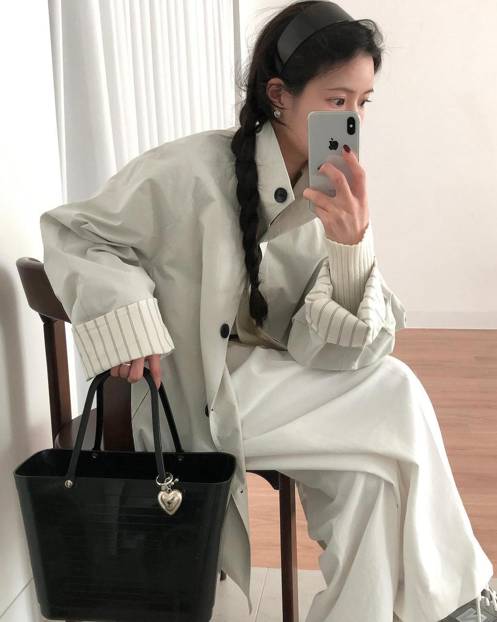 유인어스 비히 여성 봄 싱글 하객룩 오피스룩 출근룩 오버핏 루즈핏 하프 트렌치 터틀넥 코트