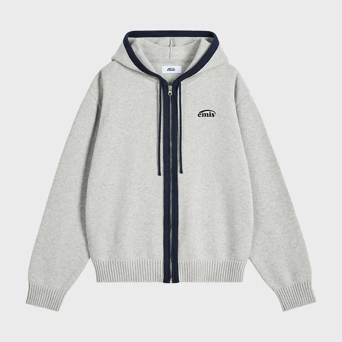 COLOR-BLOCK KNIT HOOD ZIP-UP-MELANGE GRAY