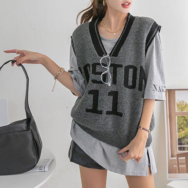 (55~110) 레터링 브이넥 니트 조끼 NK23-J-26