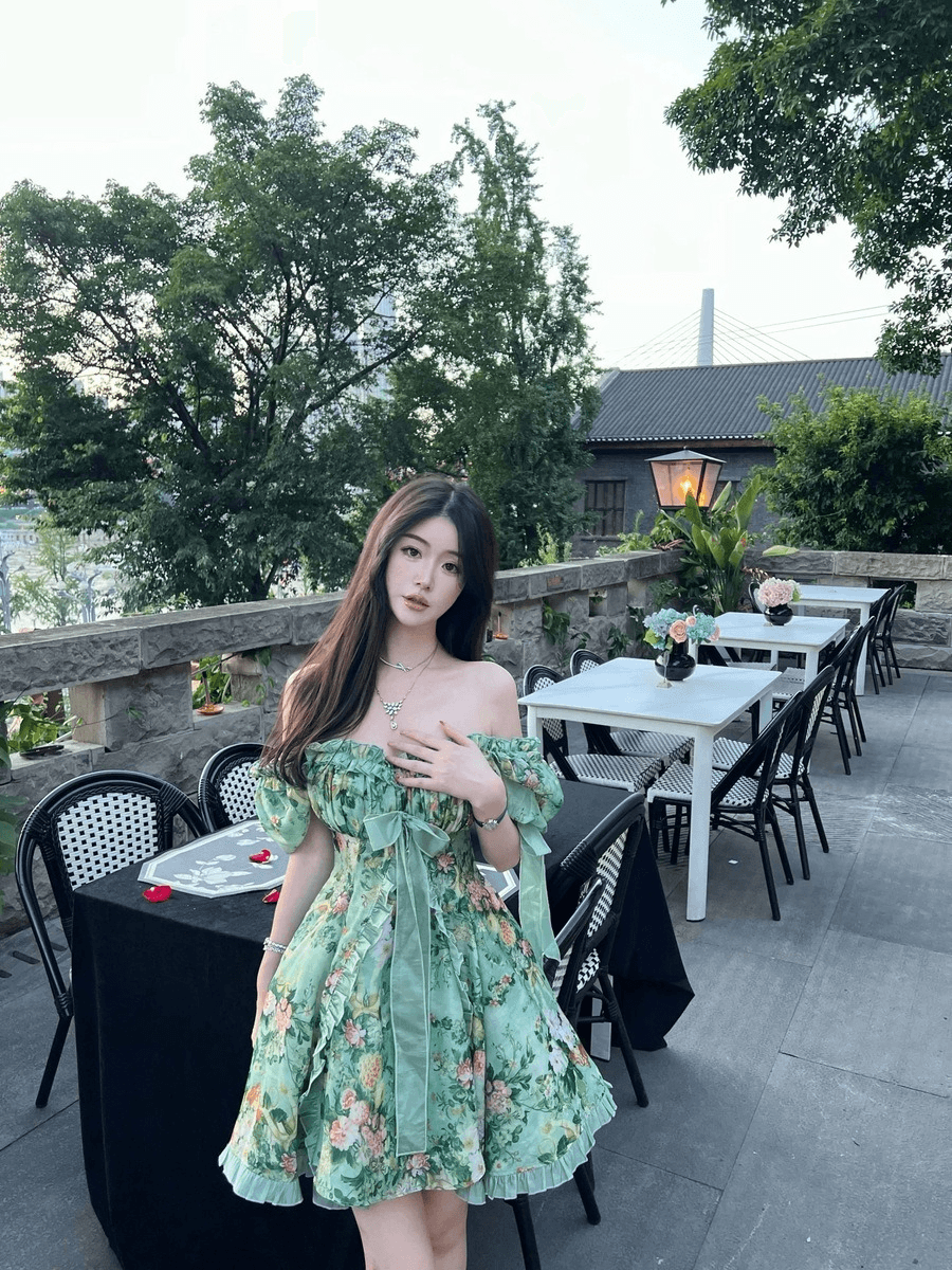 베어링 프린트 다이드 리본 피쉬본 퍼프 원피스