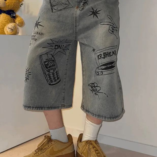 S/S신상 하프 와이드 카툰 8부 데님