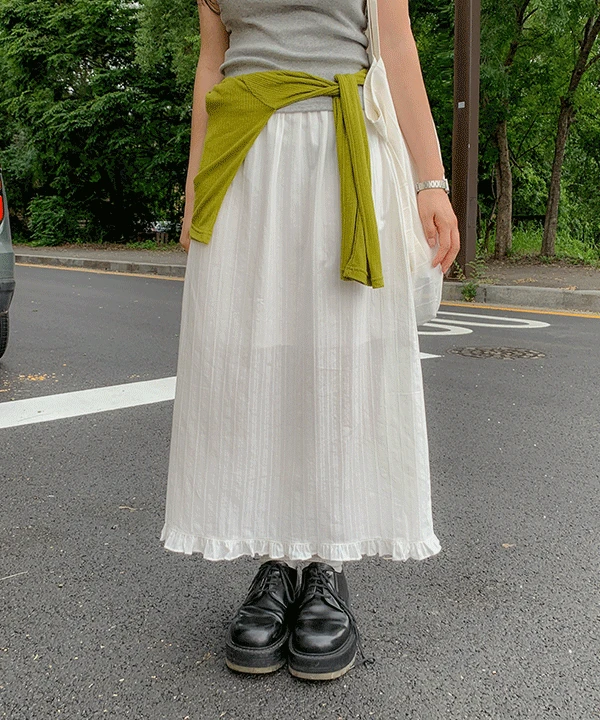 [러블리🤍] 레온 코튼 프릴 롱 스커트  레이어드 스트라이프 자가드 A라인 밴딩 스커트 여름 치마