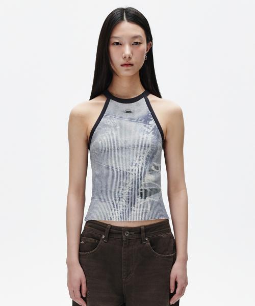 DENIM PRINTED HALTER KNIT BLUE(MG2FMFK617A)