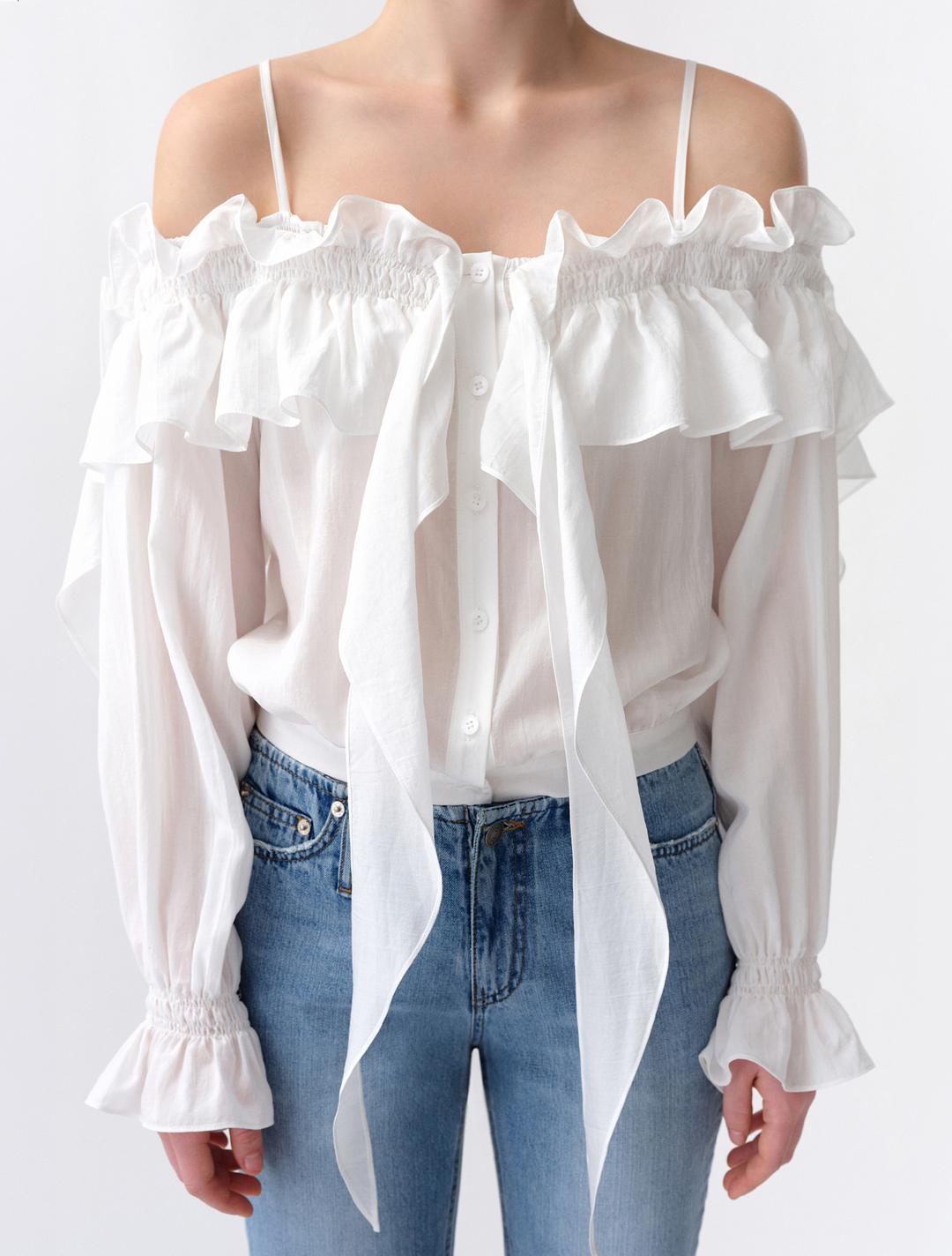 오프 숄더 러플 블라우스