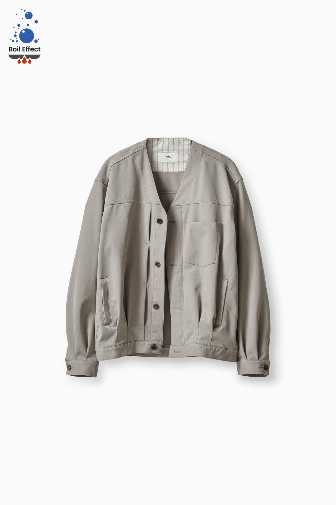 SUBSTANCE / BEIGE BOIL EFFECT DRY SERGE FABRIC COLLARLESS TRUCKER JACKET (ECP GARMENT PROCESS)