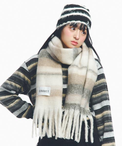 FRINGED BRUSHED STRIPE WIDE LONG MUFFLER CREAM