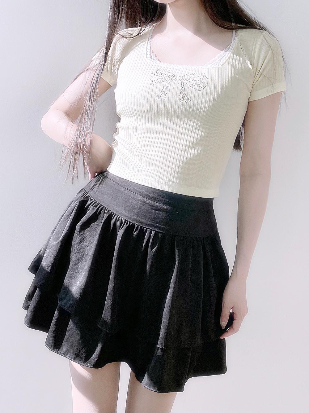 Shine Ribbon Cubic Lace T-Shirt (Baby Yellow)