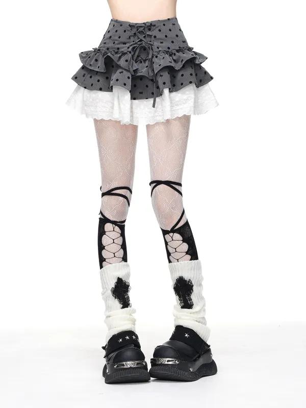 [$34.59]Gray & White Bowknot and Polka-dot Pattern Lace-up Detail Tiered Skirt