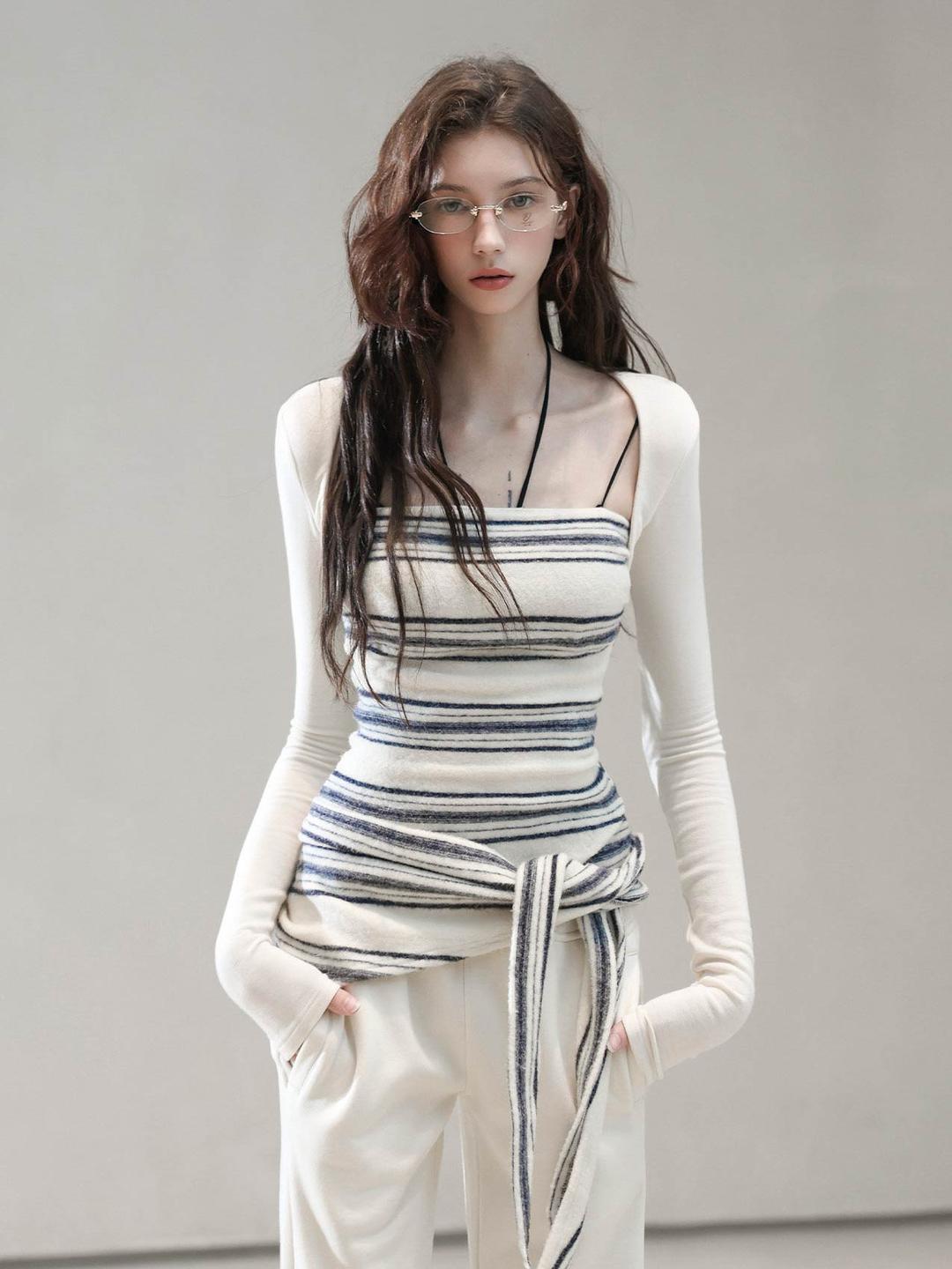 [BulletNini] Stripe Fake Two-Piece Top & Strap Pants Set
