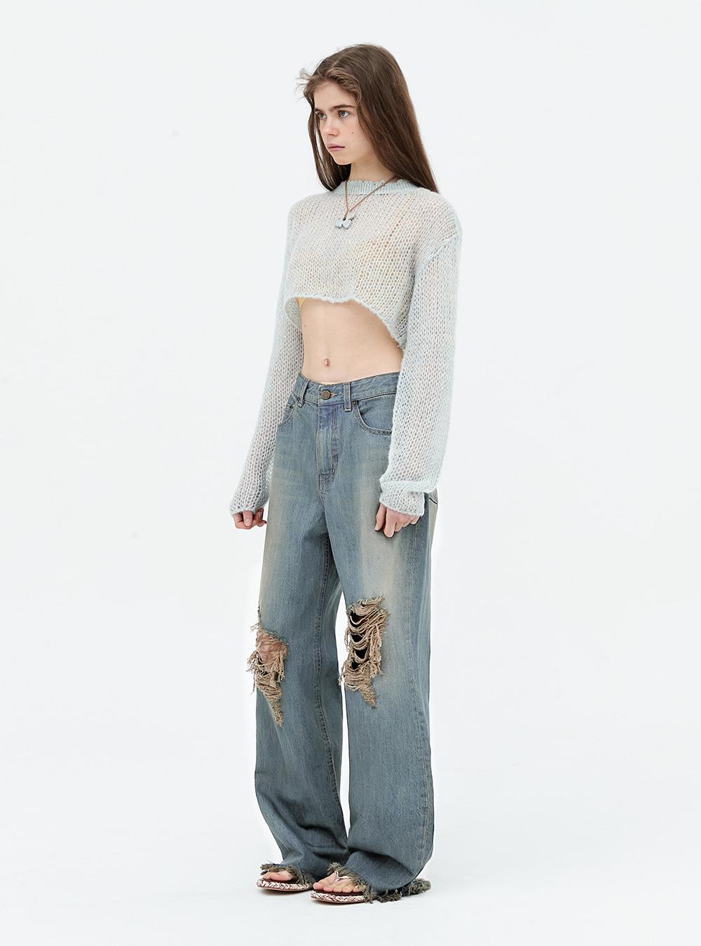 Washed ripped wide jeans. Blue