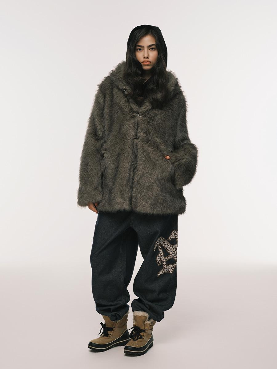 HOODED FUR COAT KHAKI