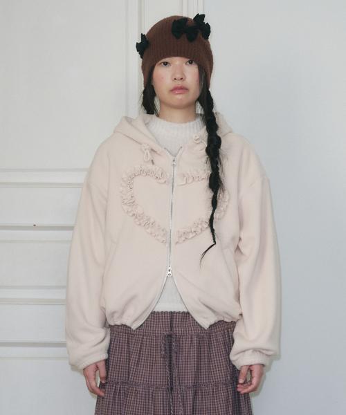 FRILL HEART HOODIE, BEIGE