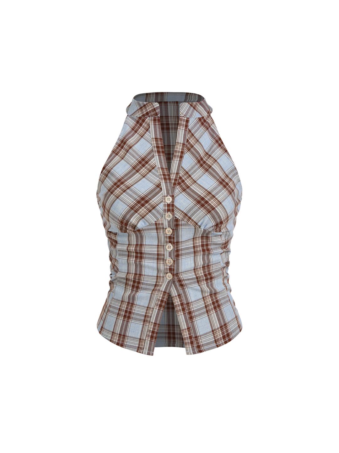 Stand Collar Plaid Ruched Split Top