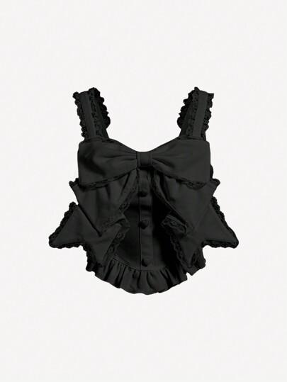 SHEIN MOD 검정색 특대 3D 리본 레이스 트림 뾰족한 밑단 프릴 가장자리 여름 파티 연회 데이트 탑