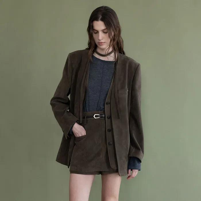 Faux Suede Collarless Layered Jacket SL5XJ938-B8