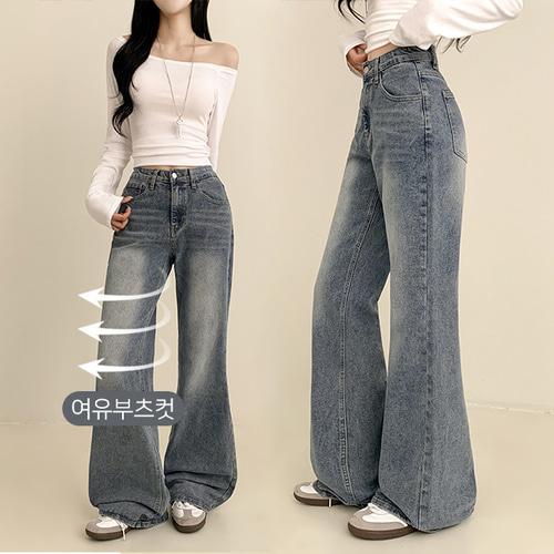 피치모드 [플레어진🤎/여유부츠컷] 카넷 밴딩 빈티지 워싱 와이드 세미부츠컷 데님 팬츠