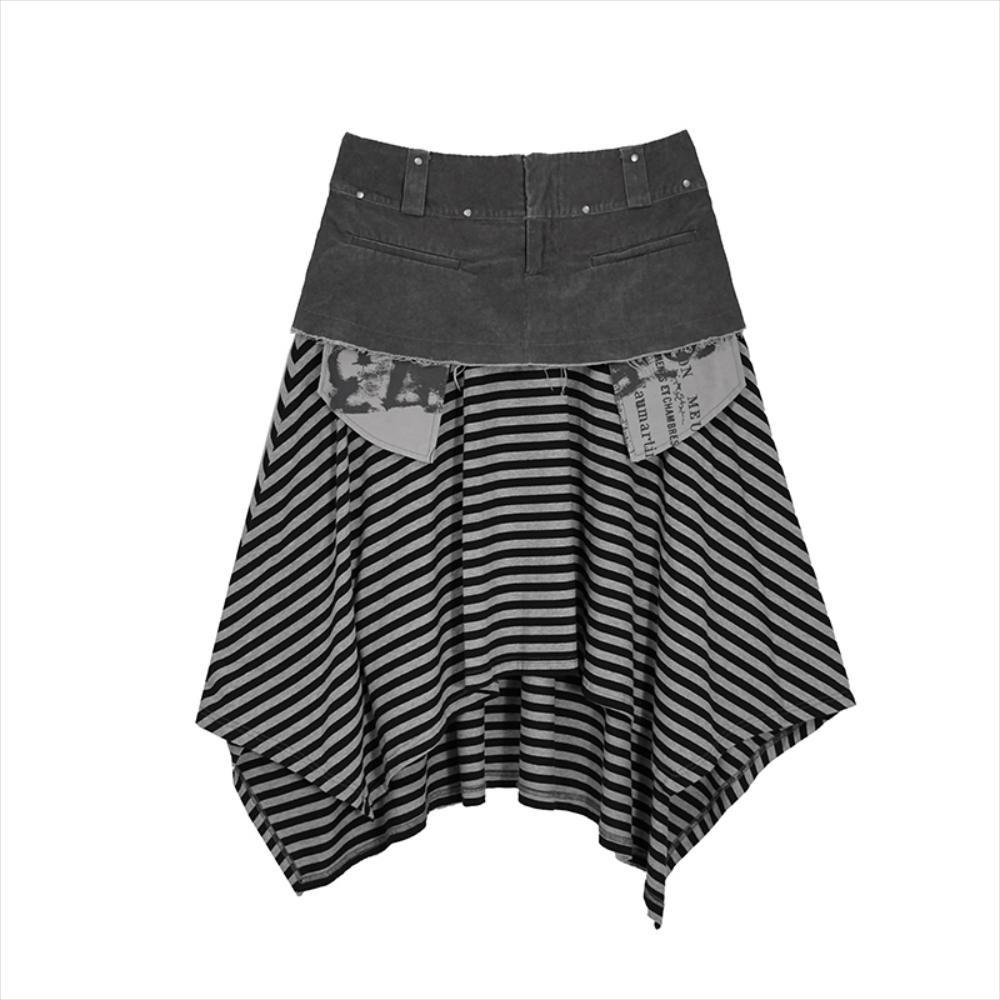 CestNous 스트라이프 니트 스플라이싱 불규칙 미디 스커트