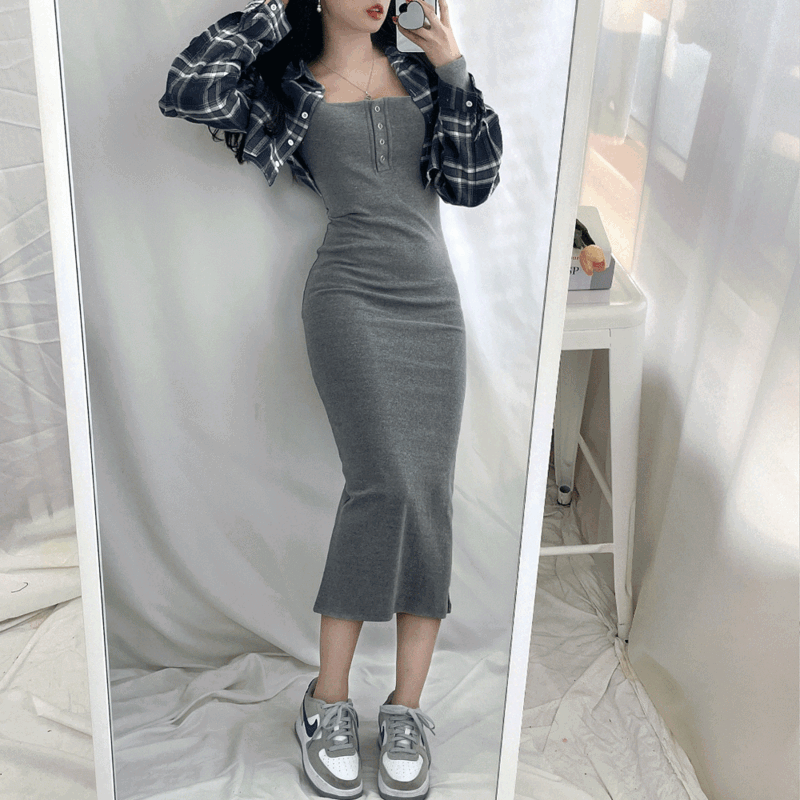 [몸매보정!] 헨즈 스판 똑딱 버튼 스퀘어넥 롱 원피스 (3color)