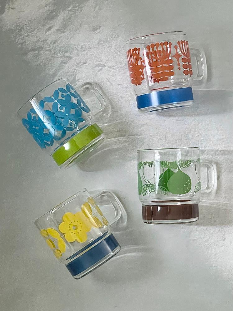 [윈썸유] 레트로 프린팅 유리컵 (4 colors) 홈카페 물컵 스태커블 글라스잔