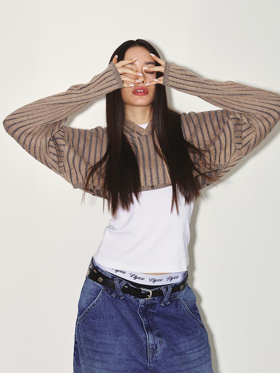 RIBBED KNIT HOOD BOLERO BEIGE