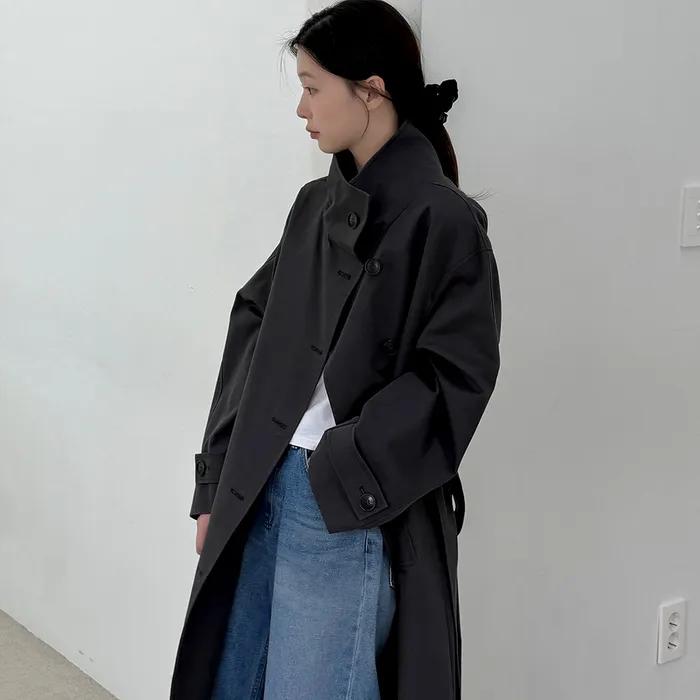 HIGH NECK TRENCH COAT - CHARCOAL