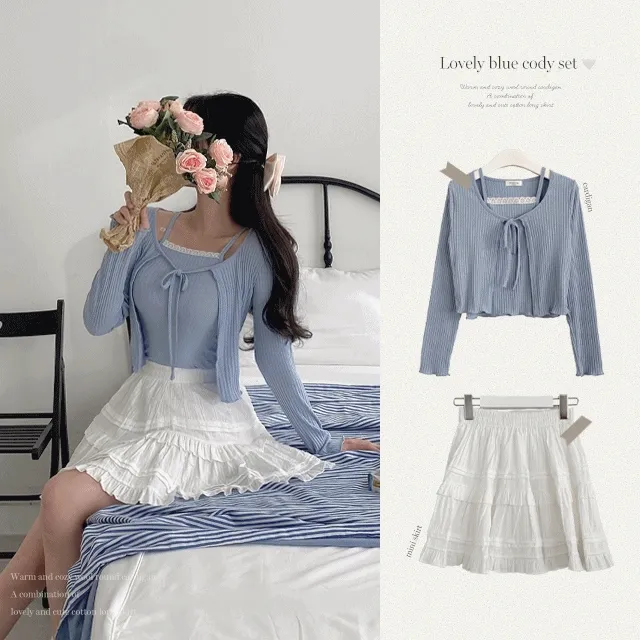 [2PS/세트] 가을 발레코어룩 리본 슬림 끈 나시가디건 + 레이스 밴딩 미니스커트