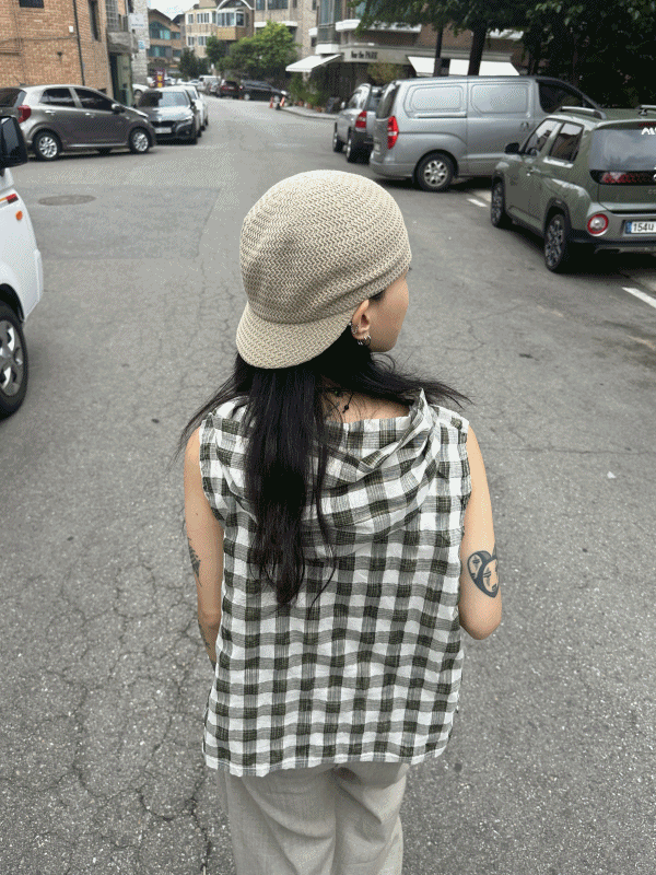Check strap hoodie vest / 체크 스트랩 후드 베스트 여름 조끼 후드조끼