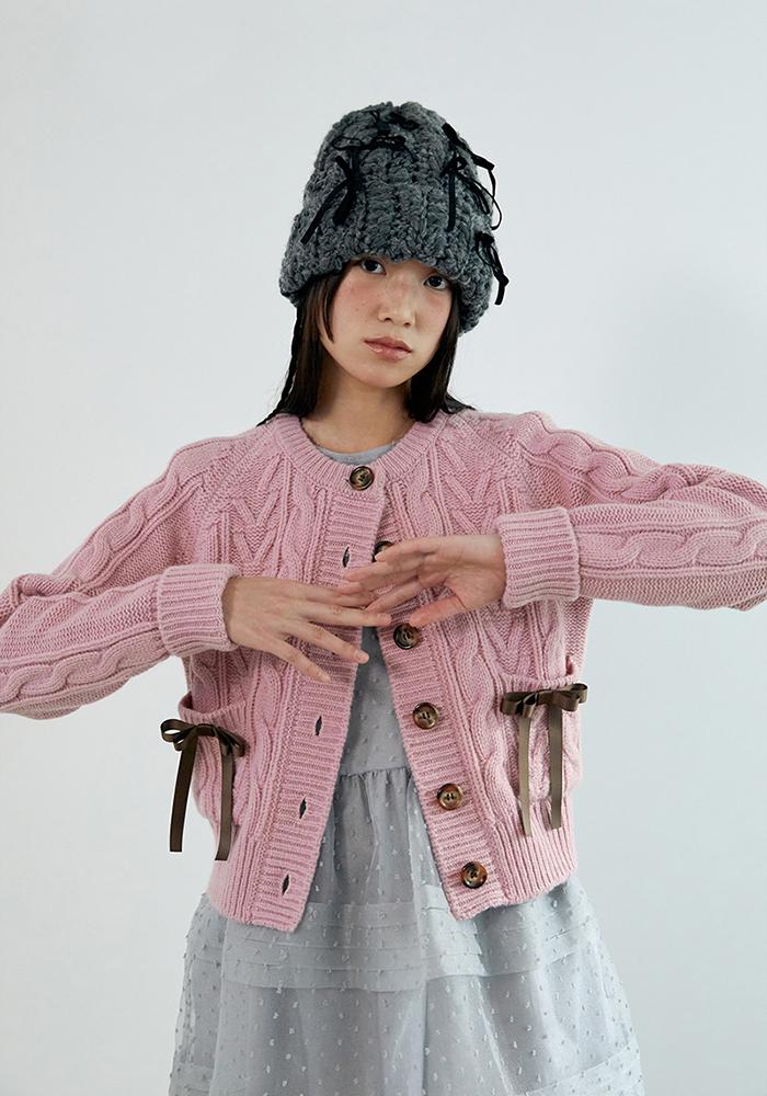 ribbon wool cable cardigan_pink