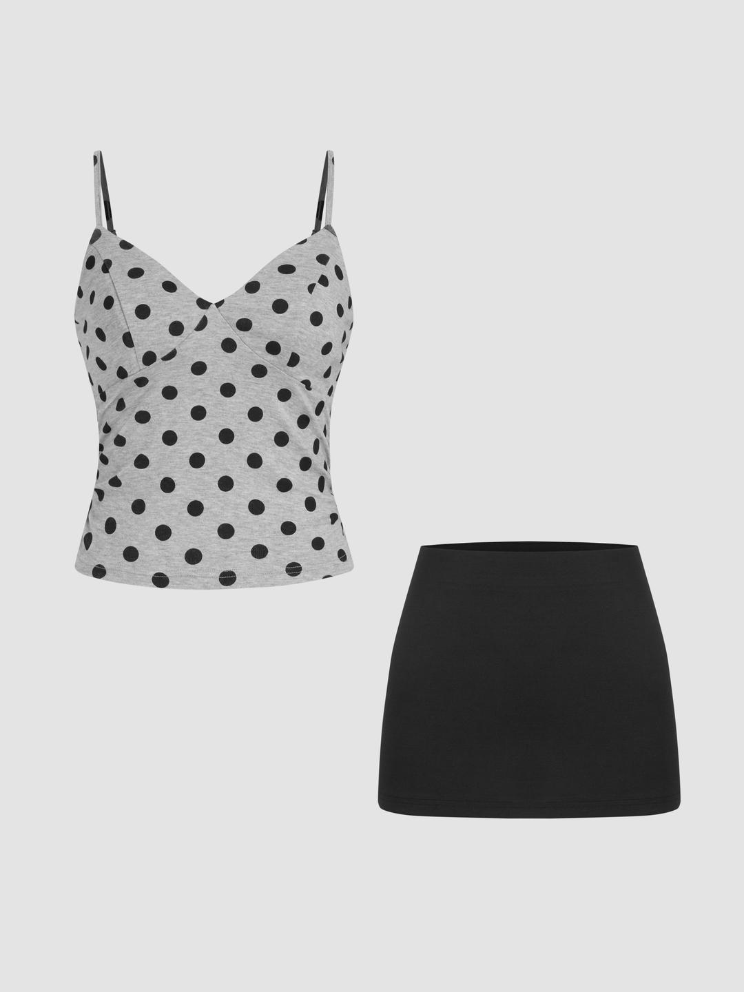 Polka Dot Crop Cami Top & Low Rise Mini Skirt