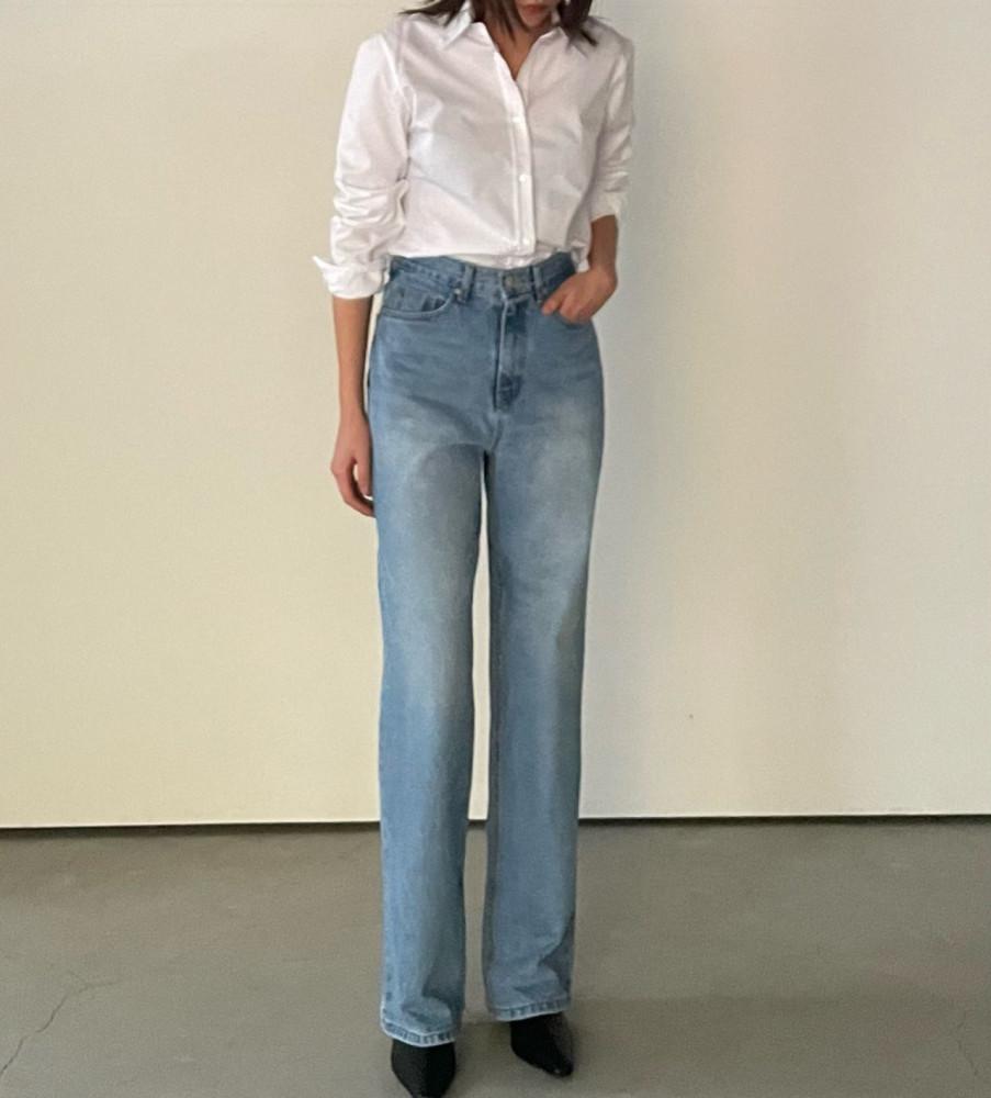 에크미 라이트 연청 데님 - 일자핏 하이웨스트 청바지 세미와이드 봄청바지 캐주얼 연청바지