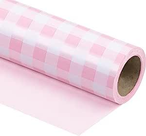 WRAPAHOLIC Reversible Wrapping Paper - Mini Roll - 17 Inch X 33 Feet - Pink and White Plaid Design for Birthday, Holiday, Wedding, Baby Shower