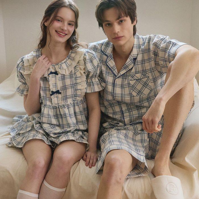 커플 애니체크 레이온코튼 라운드넥 반소매 투피스 잠옷