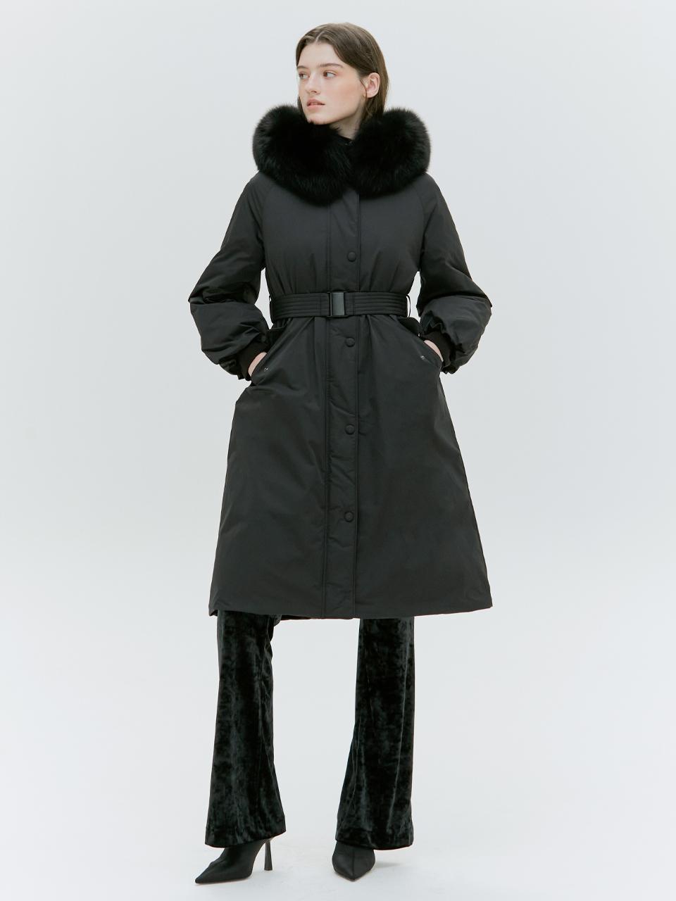 BELTED FOX FUR GOOSE DOWN LONG PARKA [IVORY][BLACK]