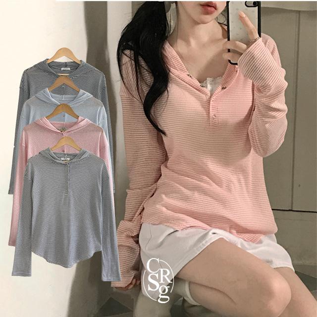 크림슈가 [MADE][여름버전/무지&단가라pick!] 여리함가득, 라스트 시스루 후드 버튼 긴팔티