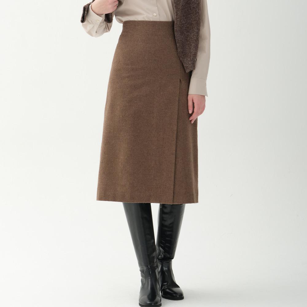 wool blend side slit H-line skirt_brown