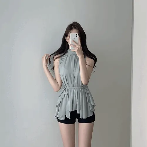 (청순여신,무드룩ღ!! ) 르웰리 쉬폰 플레어 셔링 타이 리본 민소매 나시 블라우스 2color