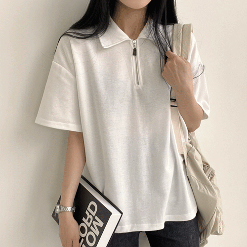 [꾸안꾸/귀여움보장!] 편한 오버핏, 반집업 카라 무지 반팔티셔츠 (3color)