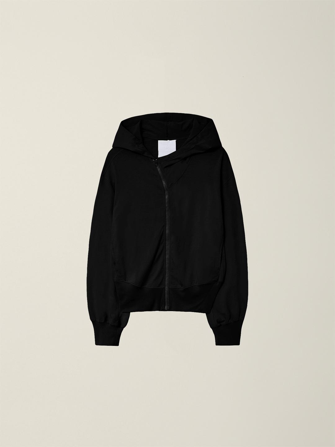 MENS CURVED HOODED COTTON ZIP JACKET (LIGHT FABRIC)  BLACK